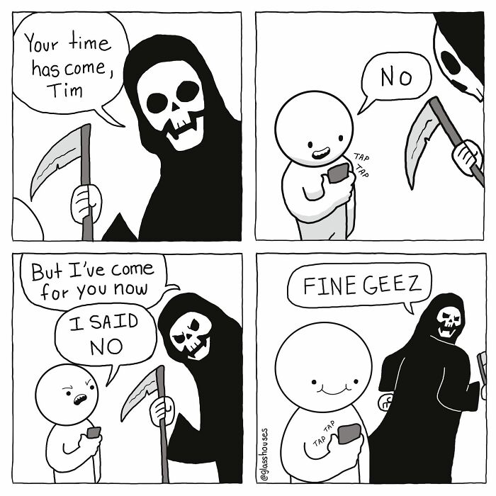 Comic strip featuring dark humor, a Grim Reaper character is reluctantly dismissed by someone using a phone.