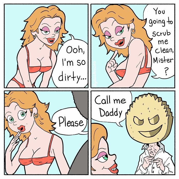 Comic strip with dark humor, featuring a playful dialogue between two characters, ending with a twist.