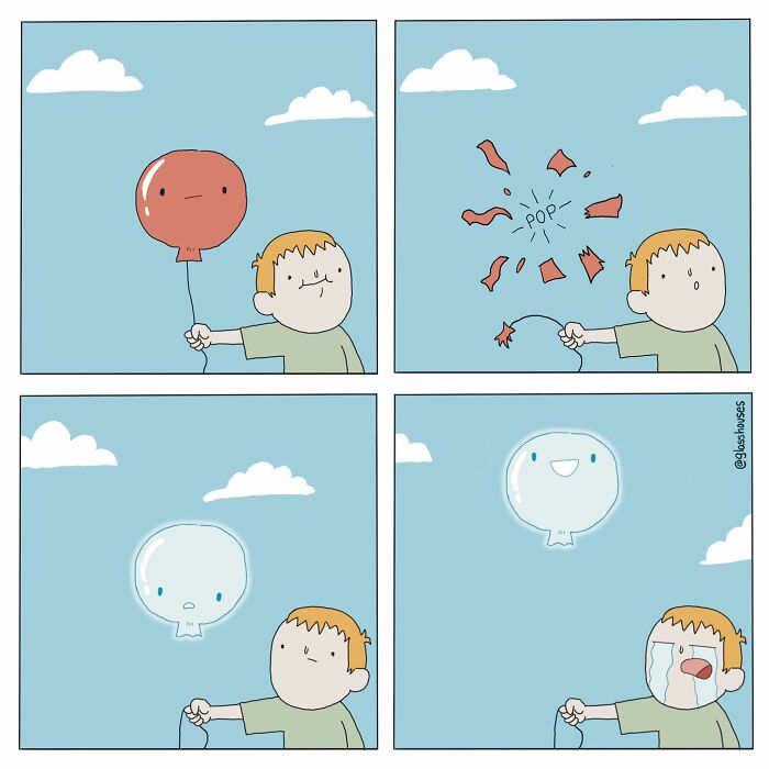Child holding a balloon in a comic strip with dark humor and a clever twist.