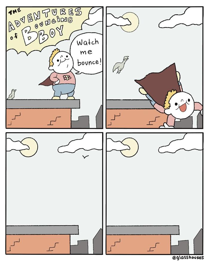 Cartoon from Glasshouses Comics showing "The Adventures of Bouncing Boy," featuring clever dark humor in four panels.