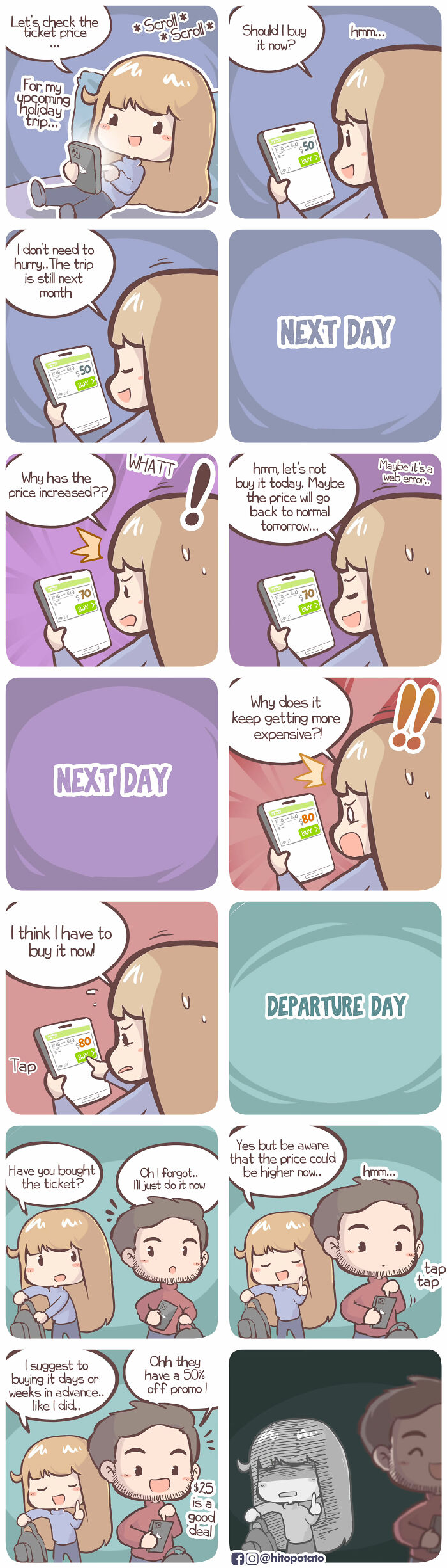 Comic of a cross-cultural couple humorously showing ticket price changes and travel planning in HitoPotato comics style.