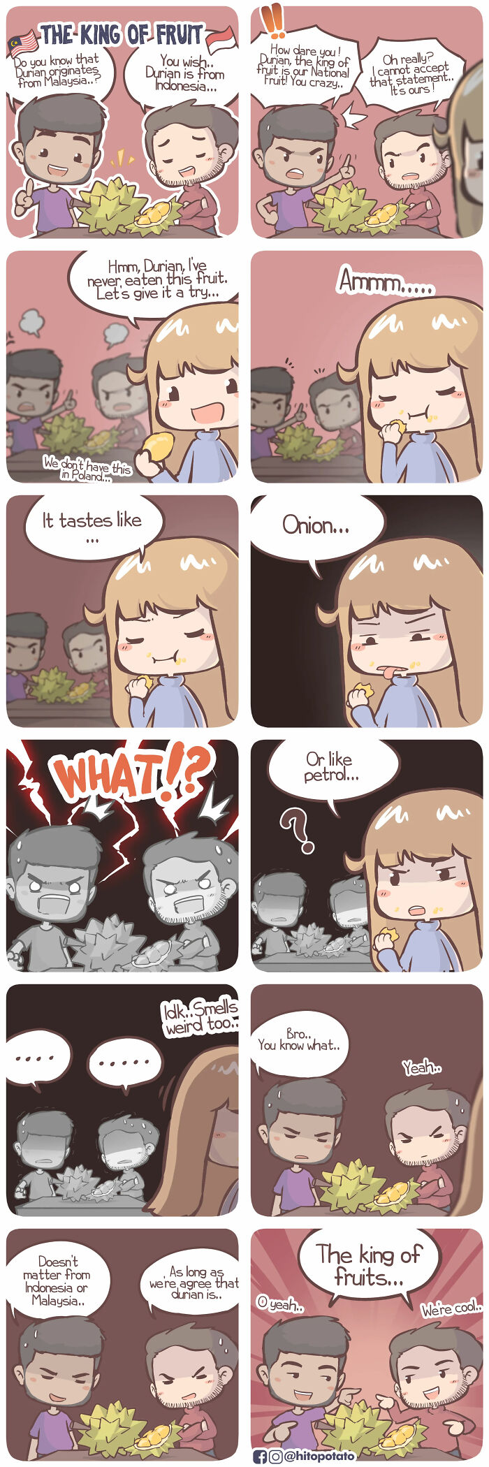 Comic panels showing a cross-cultural couple humorously debating and tasting durian, capturing sweet and silly moments.