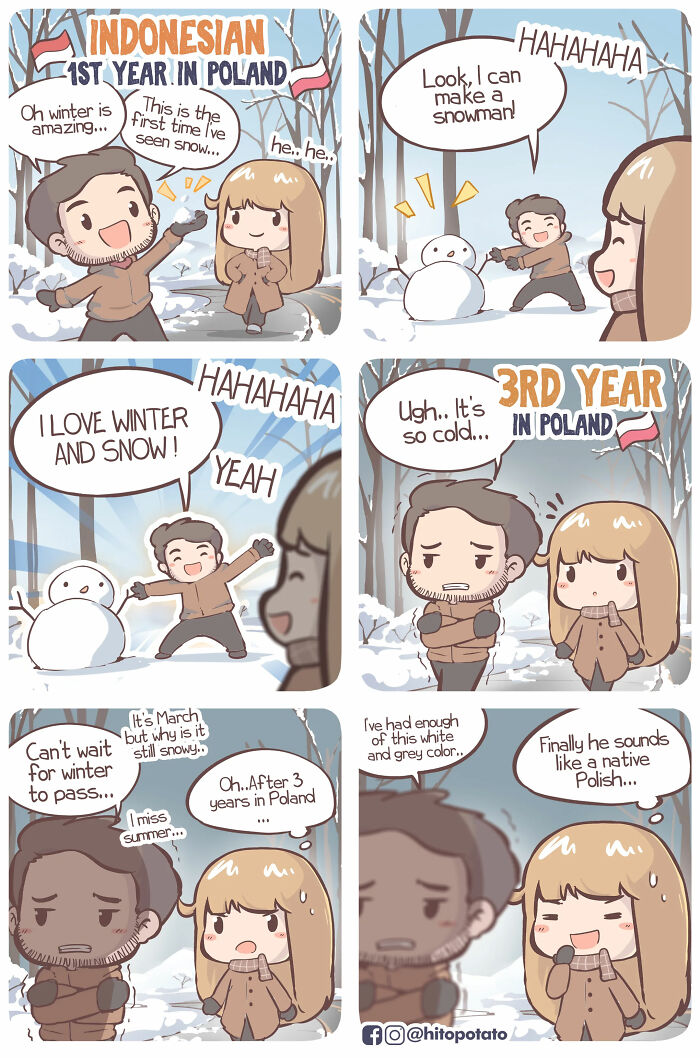 HitoPotato comic showing a cross-cultural couple experiencing winter in Poland, capturing sweet and silly moments.