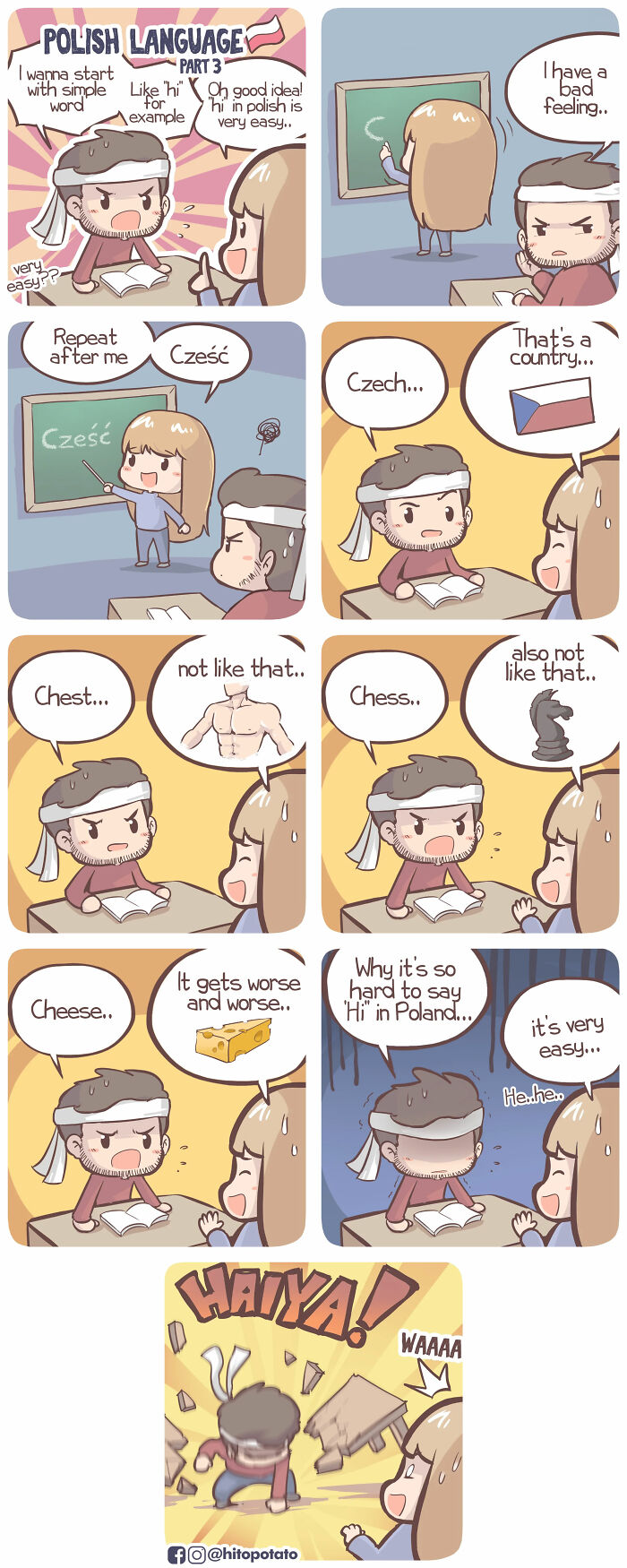 HitoPotato comic showing a cross-cultural couple struggling to say hi in Polish with funny language mix-ups.