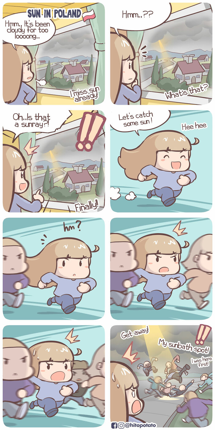 Comic by HitoPotato showing a cross-cultural couple enjoying and competing for sun in a sweet and silly moment.