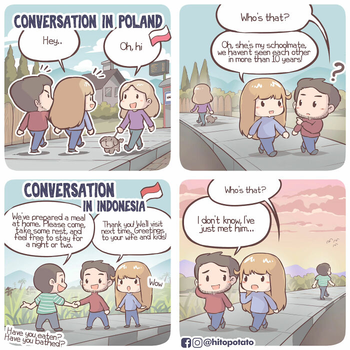 Illustrated cross-cultural couple comics showing sweet and silly conversations in Poland and Indonesia.