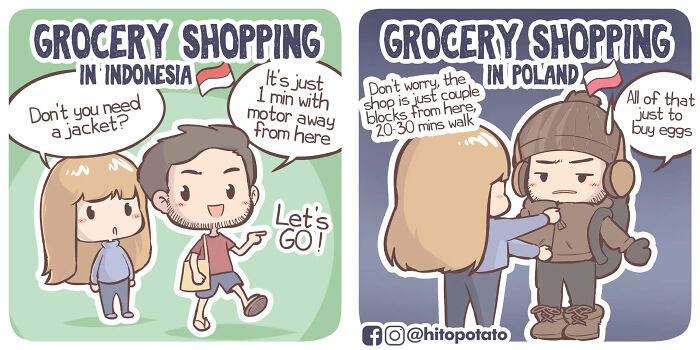Cross-cultural couple shopping in Indonesia and Poland, capturing sweet and silly moments in HitoPotato comics.