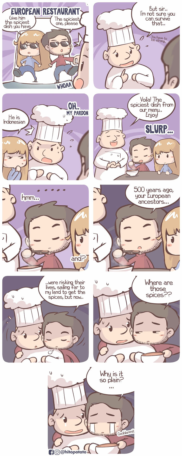 HitoPotato comic showing a couple at a restaurant debating the spiciest dish and cultural spice differences.