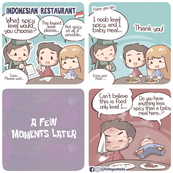 Comic strip showing a cross-cultural couple navigating spicy food levels at an Indonesian restaurant with humorous results.