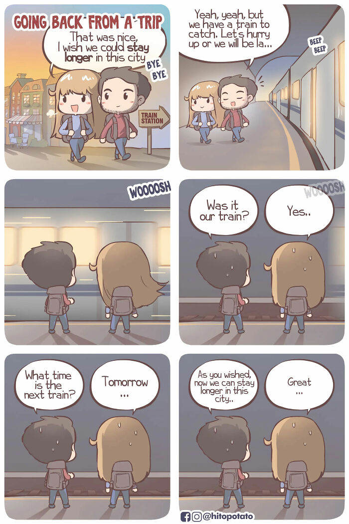 Cross-cultural couple misses their train in a HitoPotato comic capturing sweet and silly moments of daily life.
