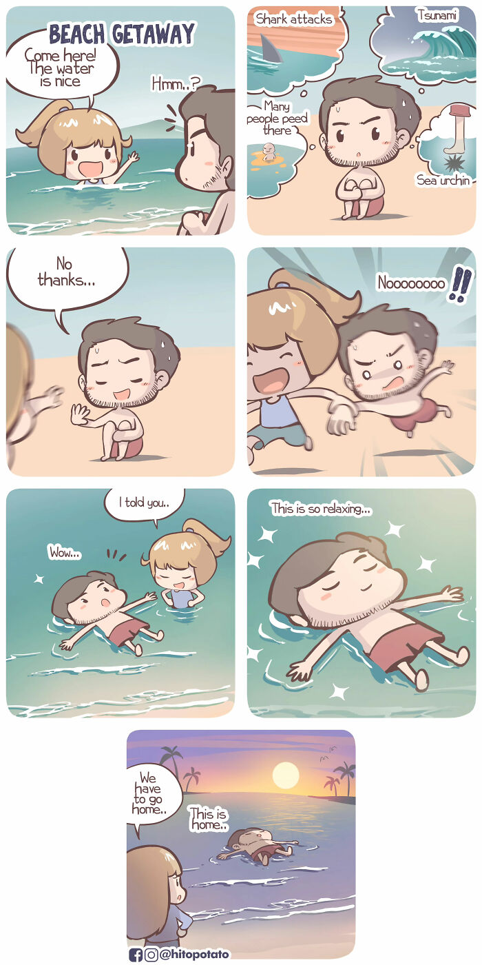 Cute HitoPotato comic panels showing a cross-cultural couple enjoying a sweet and silly beach getaway together.
