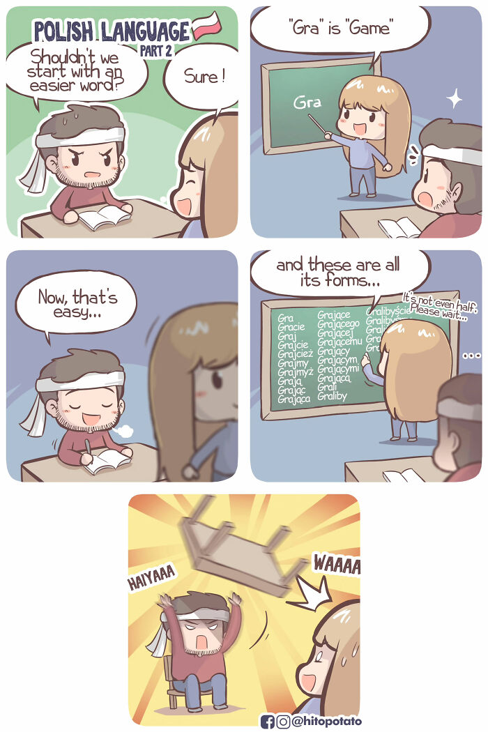 Cross-cultural couple humor in HitoPotato comic learning Polish language with funny complex word forms.
