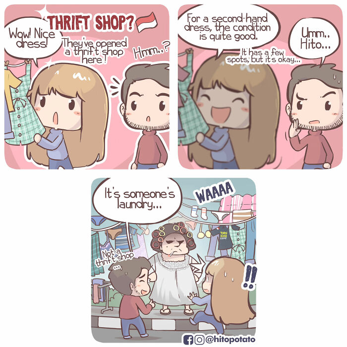 Cross-cultural couple in HitoPotato comics humorously discovers secondhand dress mistaken for thrift shop find.