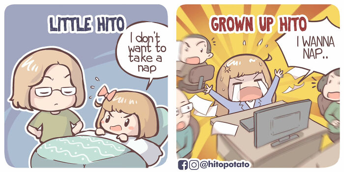 HitoPotato comics showing the sweet and silly life of a cross-cultural couple with playful nap time moments.