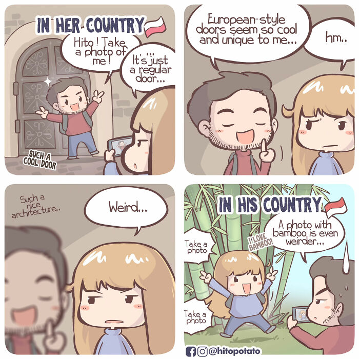 HitoPotato comics showing the sweet and silly moments of a cross-cultural couple exploring different countries and cultures.