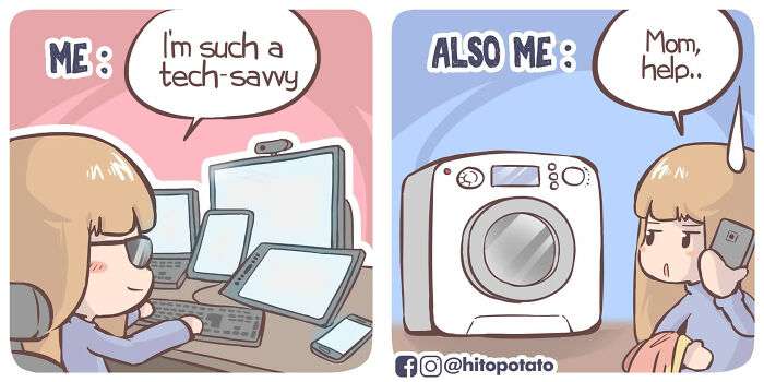 Two-panel HitoPotato comic showing a tech-savvy person struggling with a washing machine, capturing cross-cultural couple life.