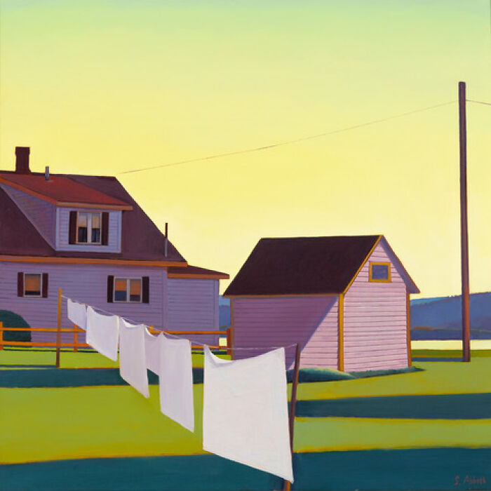 Quiet street scene with sunlit windows, a house, and clothesline in a painting by Susan Abbott.