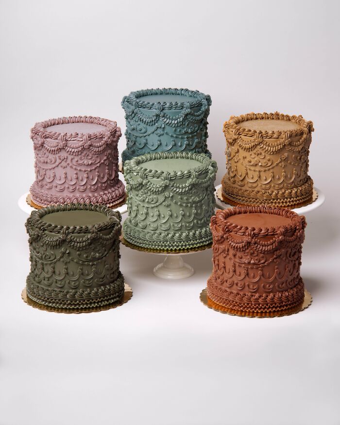Six visually stunning vegan cakes in different earthy tones, intricately decorated with detailed patterns.