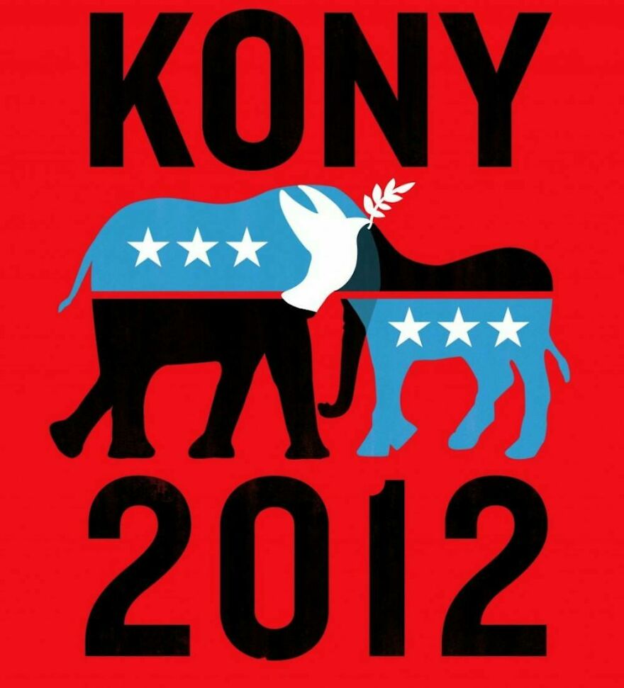 "Poster of viral trend Kony 2012 featuring elephant and donkey with stars on red background."