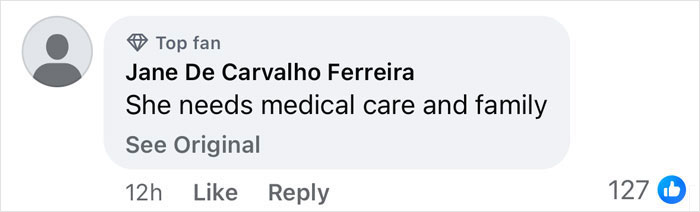 Comment on actress's grandmother needing care, highlighting homelessness and financial struggles.