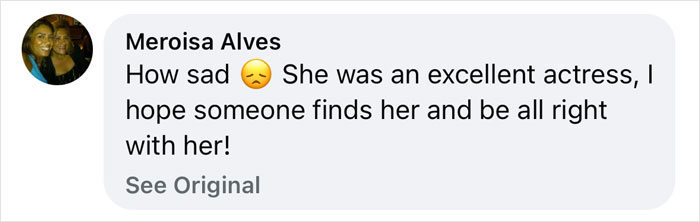 Comment by Meroisa Alves expressing sadness and concern for the grandmother of a Hollywood actress on the street.