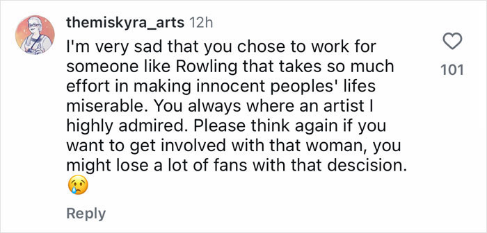 Comment expresses disappointment with Nick Frost's Harry Potter involvement, warning of fan backlash.