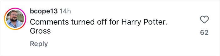 Instagram comment showing disappointment about comments turned off for Harry Potter.