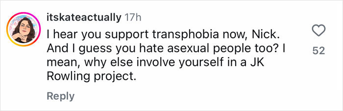 Negative fan comment addressing Nick Frost's role as Hagrid in the 'Harry Potter' series.