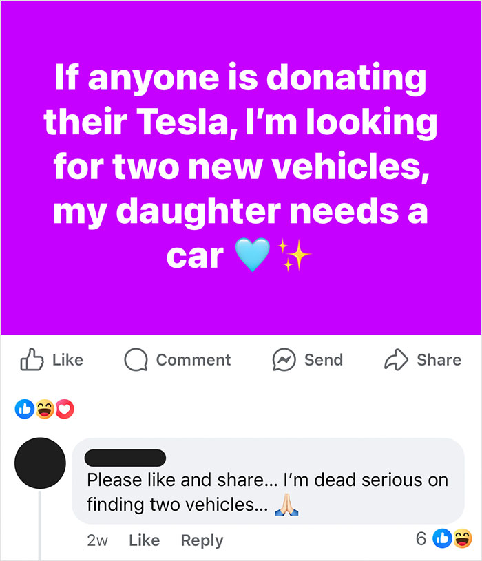Text about donating Teslas and requesting two new vehicles, highlighting lack of self-awareness.