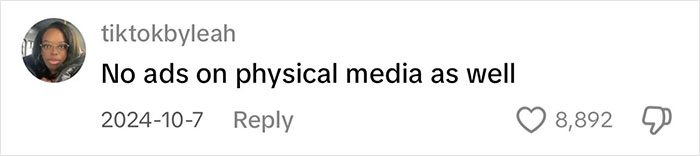 Comment praising physical media for being ad-free, with 8,892 likes displayed.