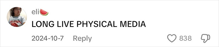 User comment praising physical media, saying 'LONG LIVE PHYSICAL MEDIA' with likes and dislikes count visible.