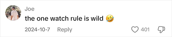 Joe comments on physical media saying, "the one watch rule is wild," with a laughing emoji and 401 likes.