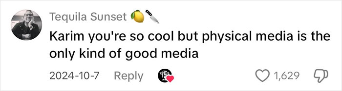 Comment praising physical media as the best, with emojis and 1,629 likes.