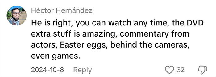 Comment praising DVD benefits, highlighting extra features like commentary, Easter eggs, and games; celebrating physical media.