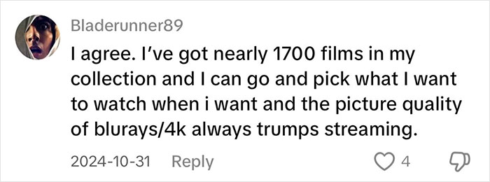 Comment praising physical media collection and quality over streaming, highlighting ownership on the shelf forever.