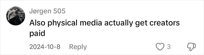 Comment on physical media benefits for creators, with likes and replies visible.