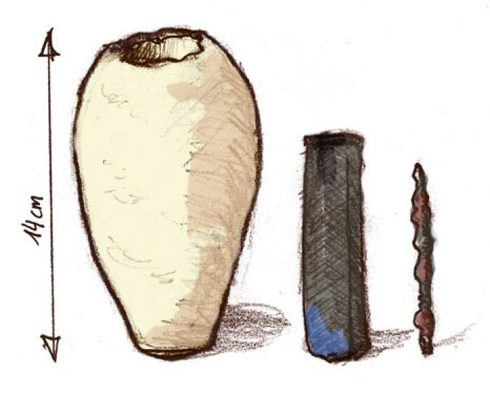 Ancient artifact illustration showing a 14 cm tall jar, a cylindrical object, and a rod, origins unknown.