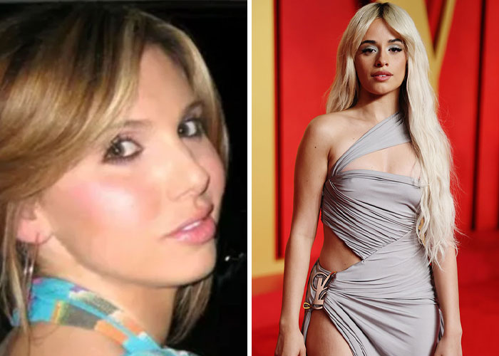 Two women posing; one in a casual setting, the other on a red carpet in a glamourous dress.