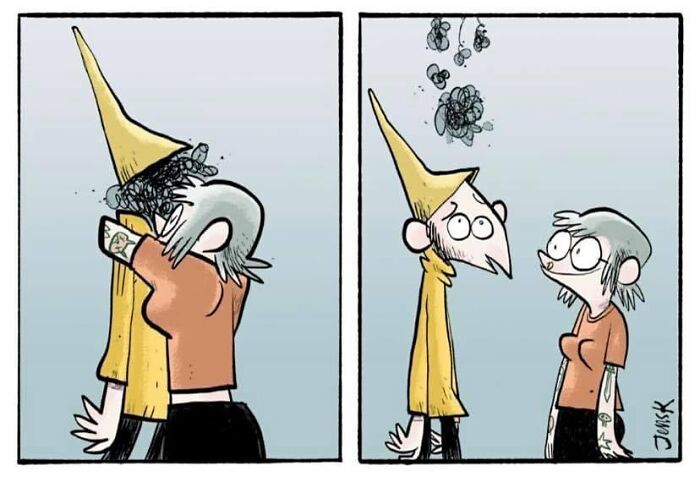 Two characters by Norwegian artist Jens K. Styve express emotions with a messy cloud above their heads.