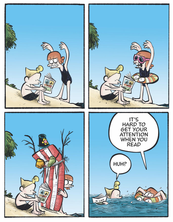 Two characters in a comic by Norwegian artist Jens K. Styve, one distracted by a book, the other seeking attention humorously.