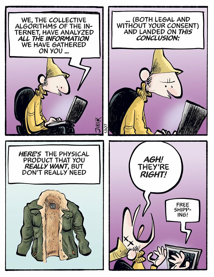 Comic by Norwegian artist Jens K. Styve showing the internet suggesting an unnecessary jacket purchase with free shipping.