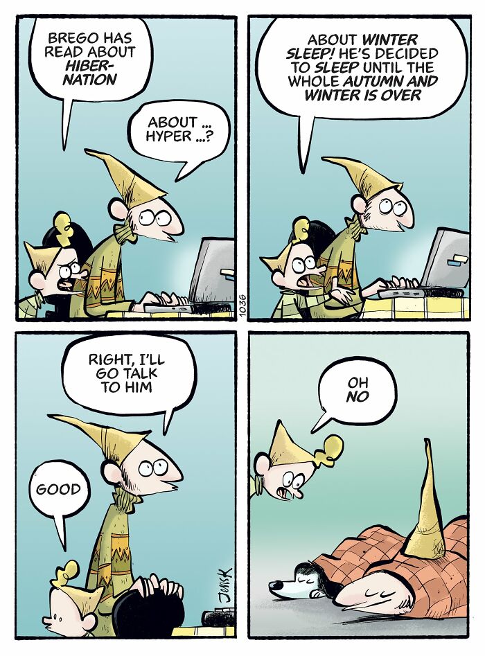 Comic by Norwegian artist Jens K. Styve featuring characters discussing winter sleep and hibernation humorously.
