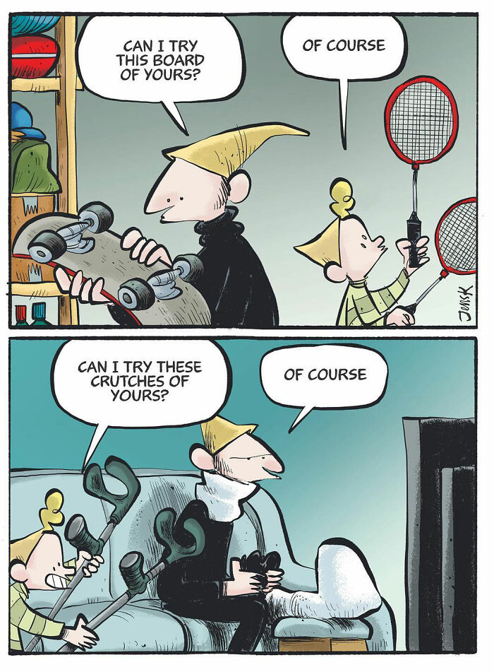 A comic by Norwegian artist Jens K. Styve showing a humorous exchange about trying a skateboard and crutches.