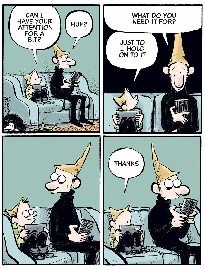 Father and child on a couch, exchanging a tablet, from Norwegian artist Jens K. Styve's comic series.
