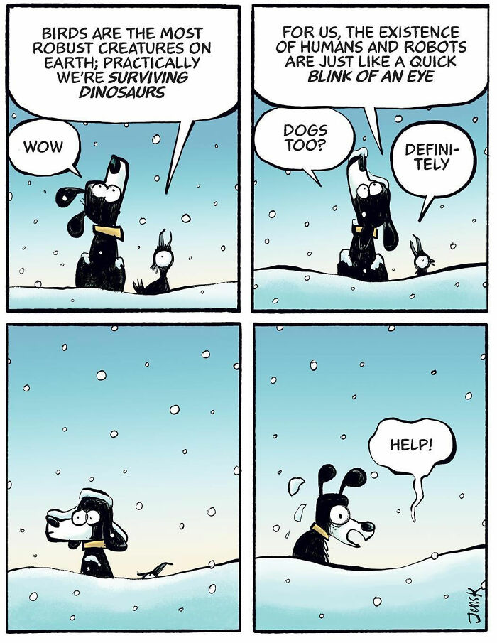 Comic by Jens K. Styve with a dog and bird discussing existence in a snowy setting.