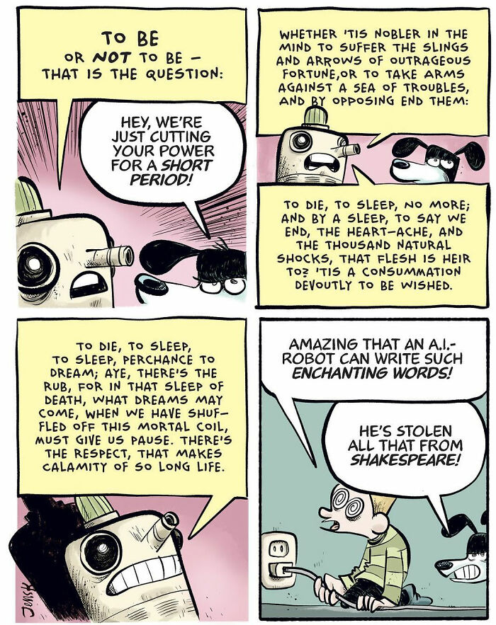 Comic by Norwegian artist Jens K. Styve depicting humorous dialogue about AI quoting Shakespeare.