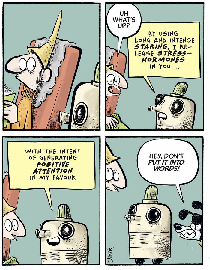 Comic by Jens K. Styve showing quirky conversation about stress and attention between characters with humorous expressions.