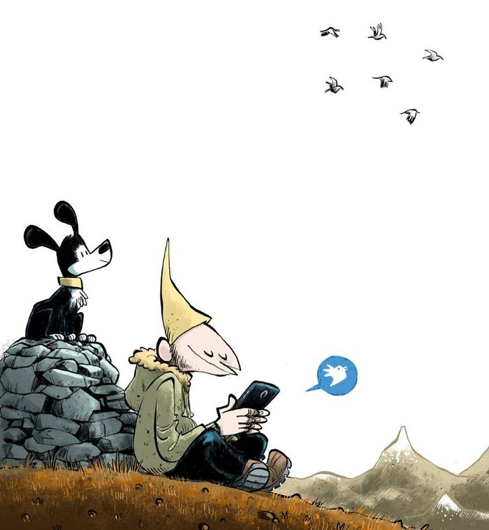 Norwegian comic by Jens K. Styve featuring a character with a smartphone and dog, watching birds in the sky.