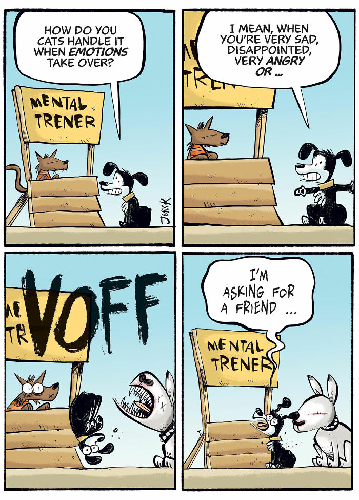 Dog asks mental trainer cat about handling emotions, humorously shows anger. Comic by Norwegian artist Jens K. Styve.