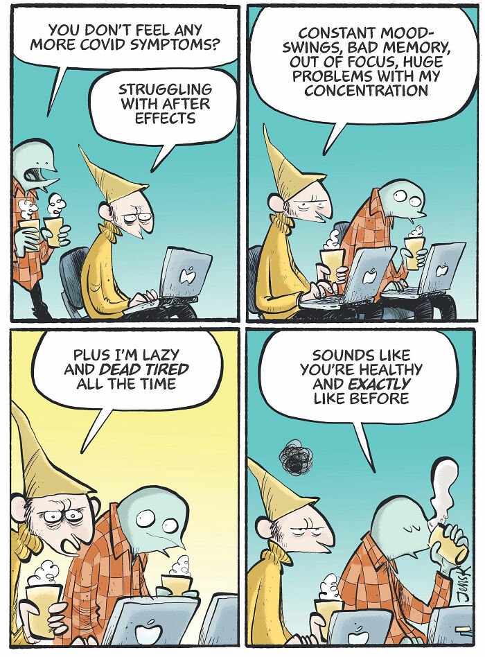 Comic by Norwegian artist Jens K. Styve showing humorous dialogue on post-COVID symptoms.
